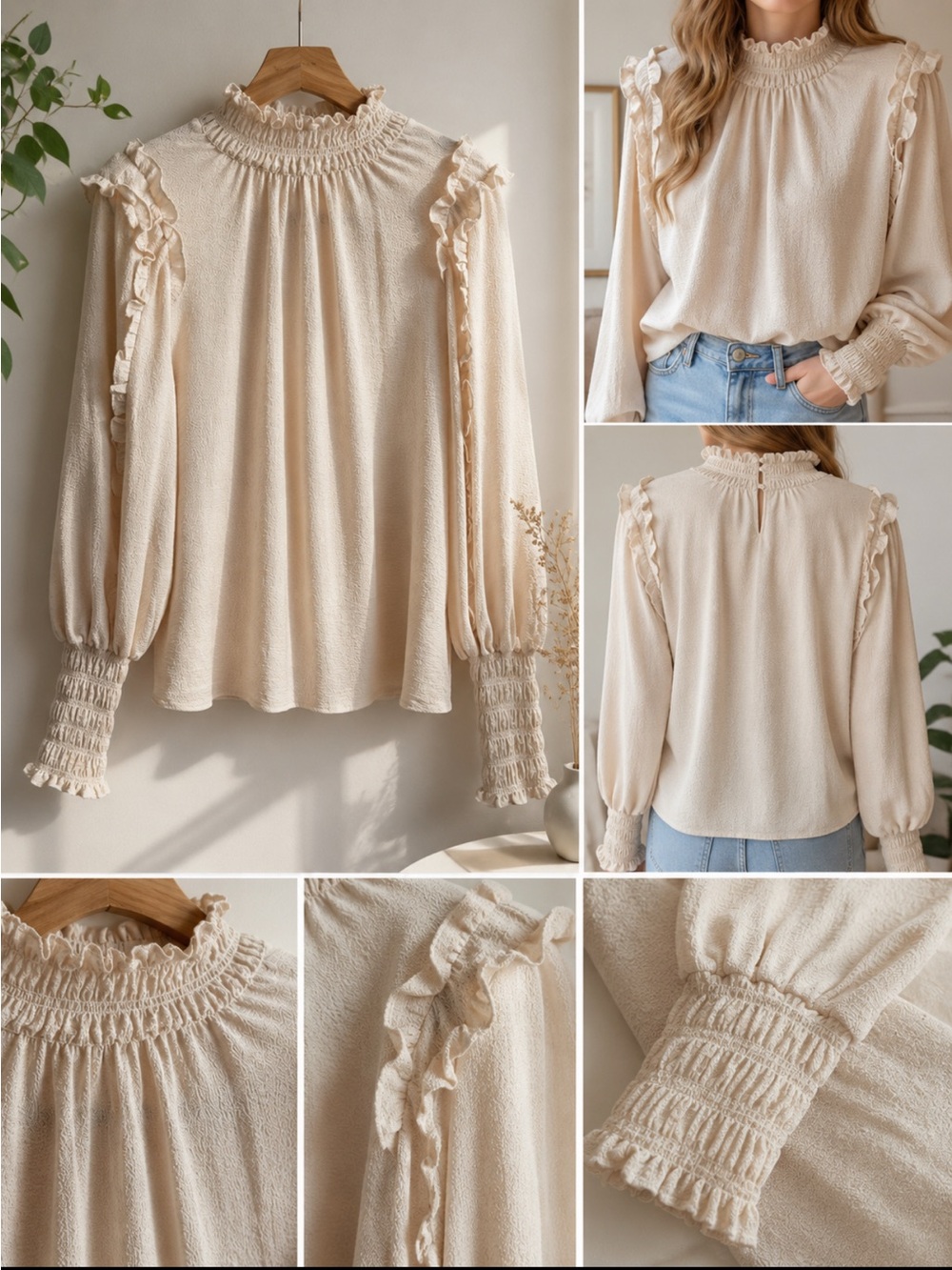 Max Studio Cream Ruffled Smocked-Neck Blouse